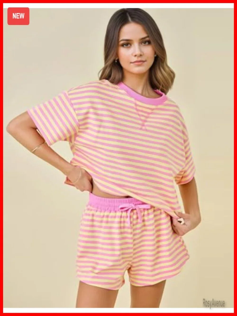 Women Lounge 2 Piece Set Striped Cotton Blend Pajama Shorts Short Sleeve